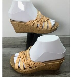 Skechers Cali Luxe Foam Tan Gold Laser Cut Cork Wedge Sandals SN 119150 US 5.5